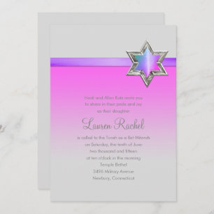 Convites Bat Mitzvah Pink Ombre Ribbon e Star