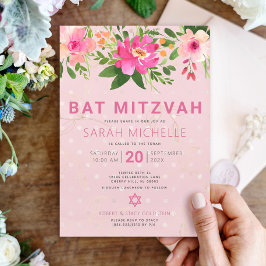 Convites Bat Mitzvah Pink Watercolor Floral Moderno Simples