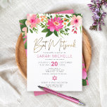 Convites Bat Mitzvah Pink Watercolor Script Dourado Floral<br><div class="desc">Tenha orgulho, alegria e mostre este marco do seu Bat Mitzvah favorito com este sofisticado e personalizado convite! Uma aquarela floral chica, atordoante, rosa e pêssego com uma tipografia falsa de folha de ouro e rosa de cinza e serifa poeirenta moderna sobrepõem um fundo branco. Flores aquarelas adicionais e uma...</div>