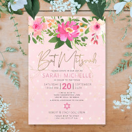 Convites Bat Mitzvah Pink Watercolor Script Moderno Floral