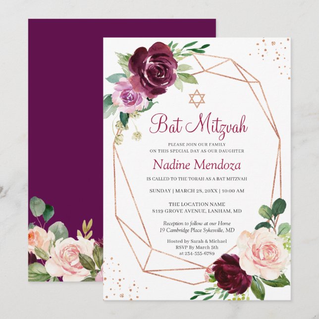Convites Bat Mitzvah | Plum Purple Floral Rosa Geométrico (Frente/Verso)