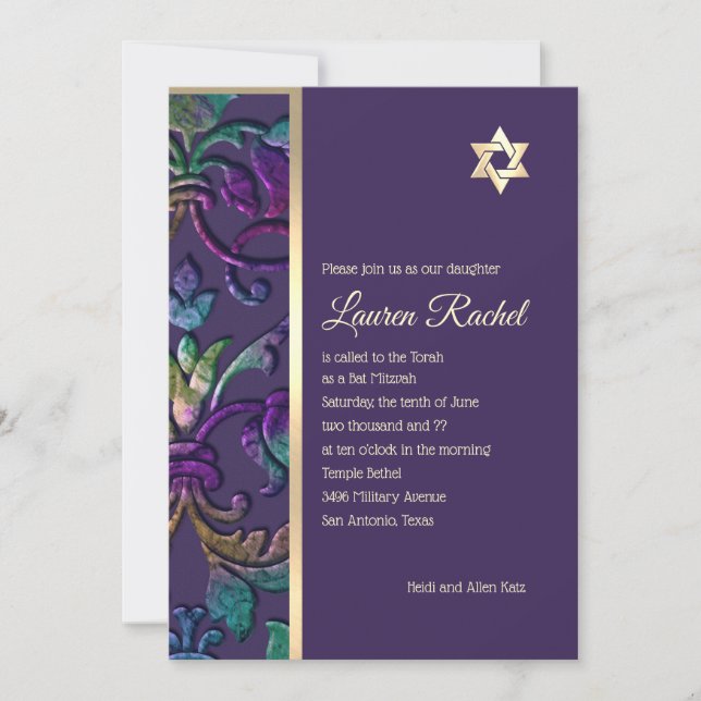 Convites Bat Mitzvah Plum Purple Rainbow Damask Qualquer Co (Frente)