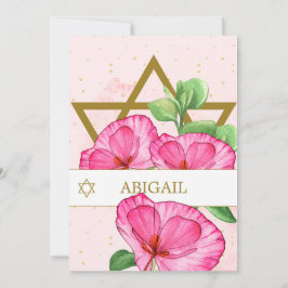 Convites Bat Mitzvah Poppies Estrela Rosa Dourada Floral de
