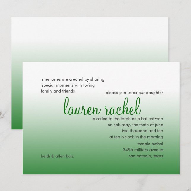Convites Bat Mitzvah Prata e Gradiente Verde (Frente/Verso)