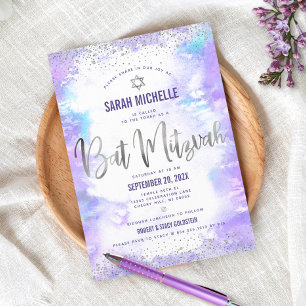 Convites Bat Mitzvah prata moderno roxo aquarela