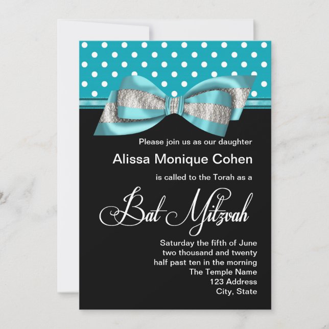 Convites Bat Mitzvah Preto Azul Teal com Bolinhas (Frente)