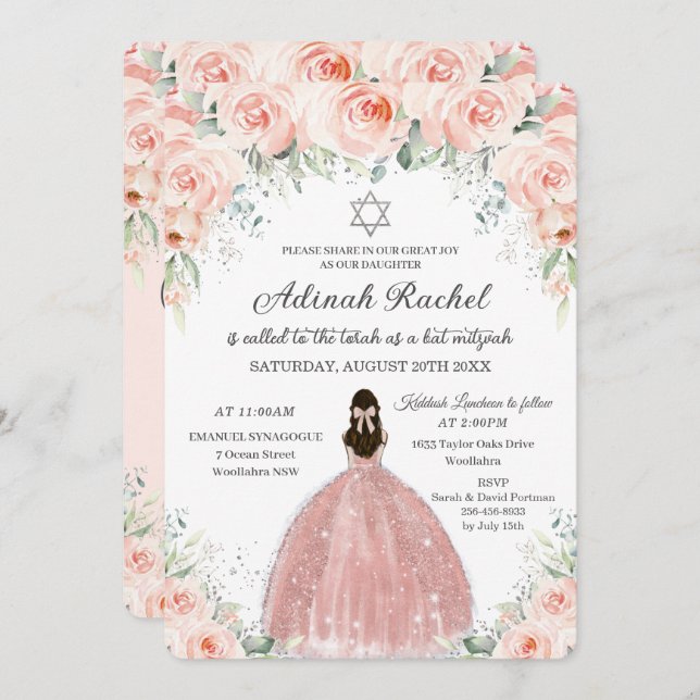 Convites Bat Mitzvah Princess Blush Rosas Florais Prata (Frente/Verso)