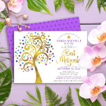 Convites Bat Mitzvah Purple Gold Foil Script Tree da Vida<br><div class="desc">Tenha orgulho, alegria e mostre este marco do seu Bat Mitzvah favorito! Esta folha de ouro falso gráfica com tartaruga cintilante, teal, roxo e azul Estrela de David e "folhas" de ponto em fundo branco é o convite perfeito para esta ocasião especial. Uma pequena estrela roxa escura de padrão David...</div>