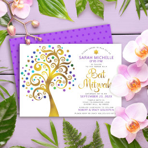 Convites Bat Mitzvah Purple Gold Foil Script Tree da Vida
