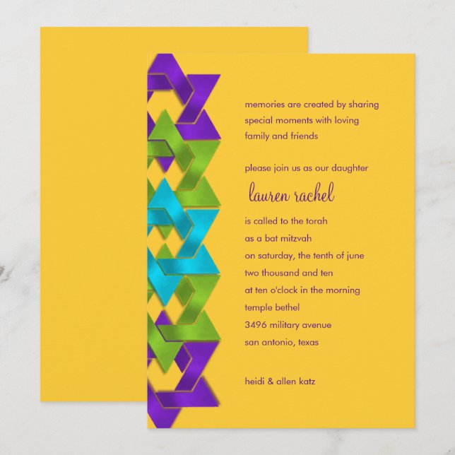 Convites Bat Mitzvah Purple Green Blue Stars em qualquer co (Frente/Verso)
