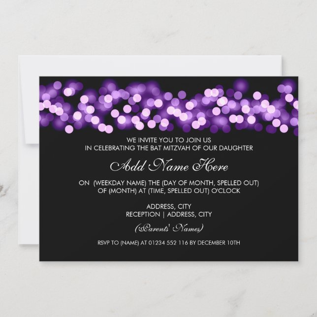Convites Bat Mitzvah Purple Hollywood Glam (Frente)