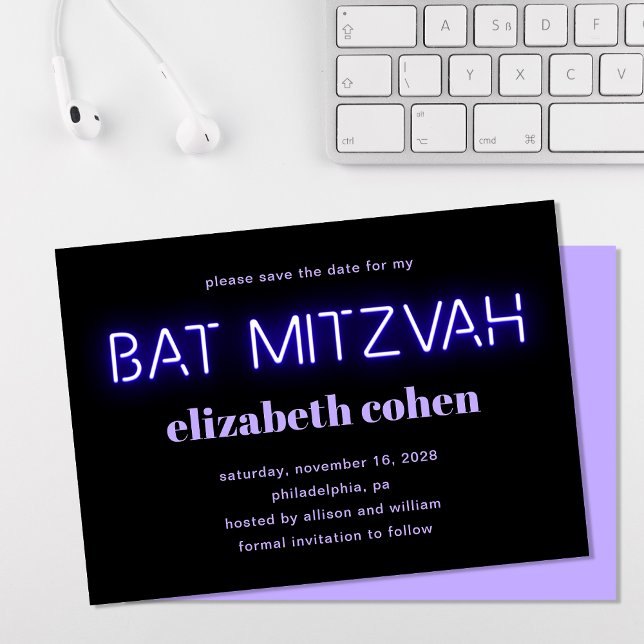 Convites Bat Mitzvah Purple Neon Lights Salva A Data (Criador carregado)