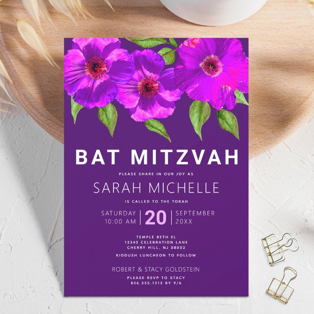 Convites Bat Mitzvah Purple Pink Watercolor Floral Modern (Criador carregado)