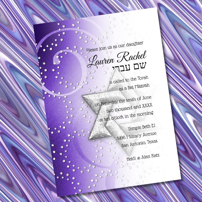 Convites Bat Mitzvah Purple Shimmer Star de David (Criador carregado)