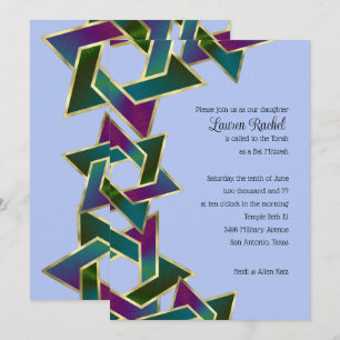 Convites Bat Mitzvah Purple Teal Star de David a Qualquer C