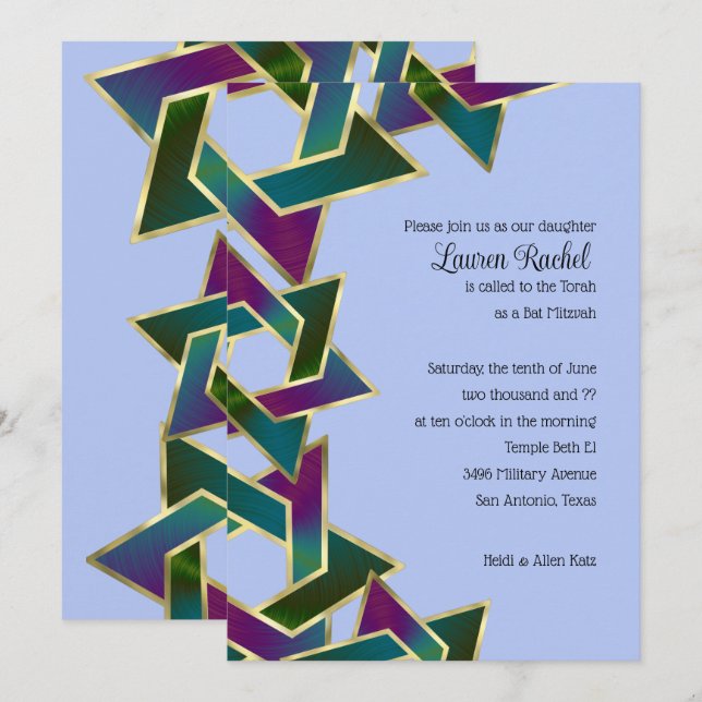 Convites Bat Mitzvah Purple Teal Star de David a Qualquer C (Frente/Verso)
