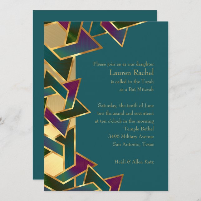 Convites Bat Mitzvah Purple Teal Star de David a Qualquer C (Frente/Verso)