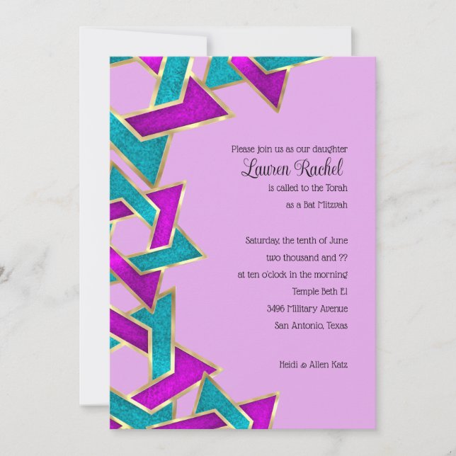 Convites Bat Mitzvah Purple Turquoise Star de David (Frente)