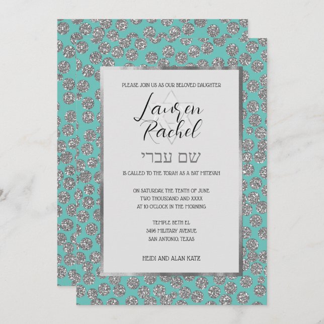 Convites Bat Mitzvah Qualquer Cor com Pontos Brilhantes Pra (Frente/Verso)