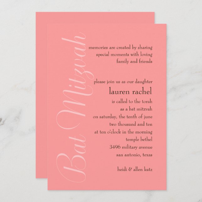 Convites Bat Mitzvah Qualquer Cor Simples (Frente/Verso)