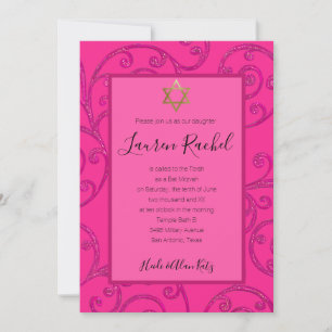 Convites Bat Mitzvah Qualquer Design de Rolagem Cor Rosa