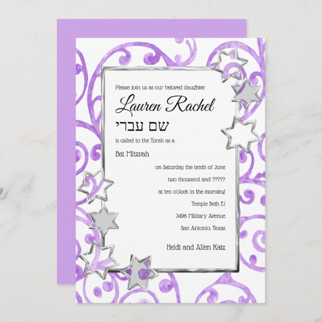 Convites Bat Mitzvah Qualquer Estrelas de Prata do Centro B (Frente/Verso)