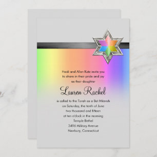 Convites Bat Mitzvah Rainbow e Black Ribbon Silver Star
