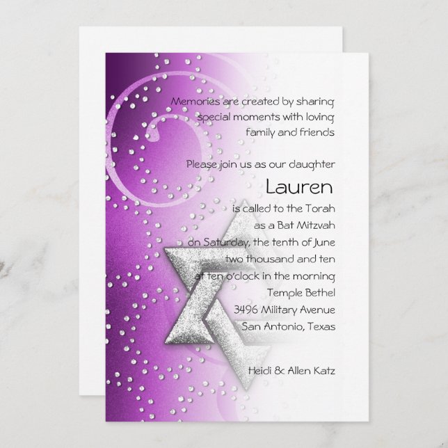 Convites Bat Mitzvah Raspberry Shimmer Star de David (Frente/Verso)