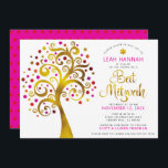 Convites Bat Mitzvah Red Gold Tree of Life Modern Bold<br><div class="desc">Tenha orgulho, alegria e mostre este marco do seu Bat Mitzvah favorito! Esta falso folha de ouro gráfica com cor-de-rosa cintilante, laranja e Estrela vermelha de David e "folhas" de ponto em fundo branco é o convite perfeito para esta ocasião especial. Uma pequena estrela vermelha escura do padrão David sobre...</div>