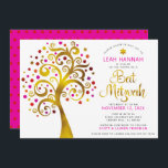Convites Bat Mitzvah Red Gold Tree of Life Modern Bold<br><div class="desc">Tenha orgulho, alegria e mostre este marco do seu Bat Mitzvah favorito! Esta falso folha de ouro gráfica com cor-de-rosa cintilante, laranja e Estrela vermelha de David e "folhas" de ponto em fundo branco é o convite perfeito para esta ocasião especial. Uma pequena estrela vermelha escura do padrão David sobre...</div>