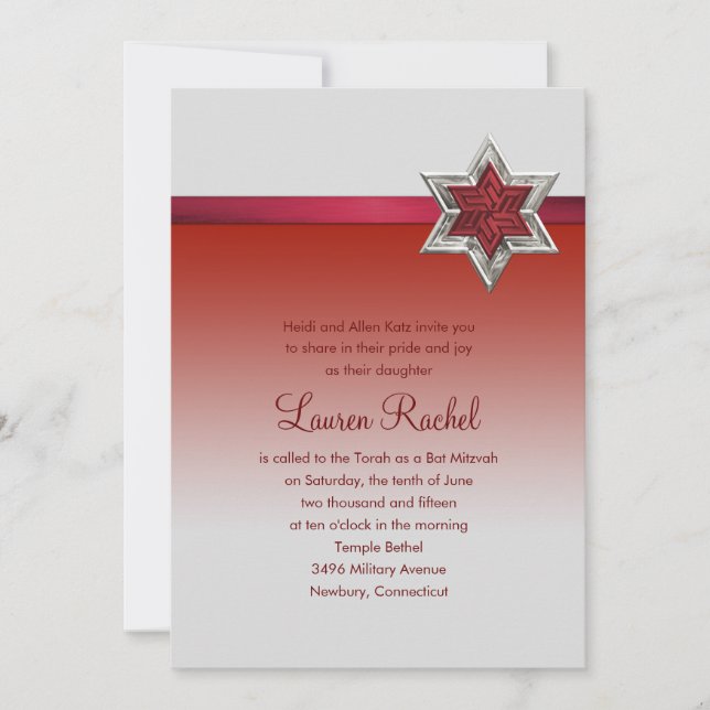 Convites Bat Mitzvah Red Ombre Ribbon e Star (Frente)