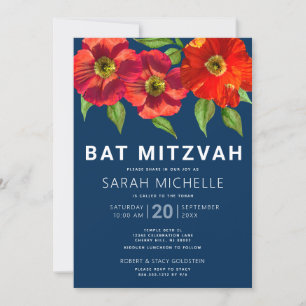 Convites Bat Mitzvah Red Watercolor Marinho Floral Azul Mod