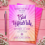 Convites Bat Mitzvah Retro Boho Cor-de-Laranja Cor-de-Rosa<br><div class="desc">Tenha orgulho, alegria e mostre este marco do seu Bat Mitzvah favorito com este divertido convite personalizado! Diversão, tendências, ousada tipografia rosa-quente e roxa escura com a tipografia sans serif moderna sobrepõe-se a um fundo de raios laranja-claro-pop e verde-claro-cor-de-rosa com pontos brancos. No verso, uma estrela branca de David cobre...</div>