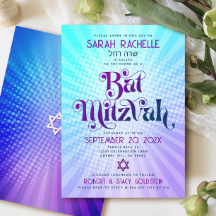 Convites Bat Mitzvah Retro Boho Gradiente Azul Roxo Ousado
