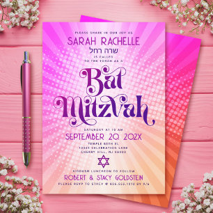 Convites Bat Mitzvah Retro Boho Rosa Laranja Gradiente Ousa