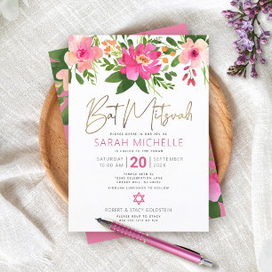 Convites Bat Mitzvah Rosa Aquarela Floral Dourado Script