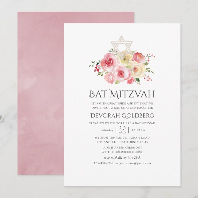 Convites Bat Mitzvah Rosa Bege e Amarelo Floral (Frente/Verso)