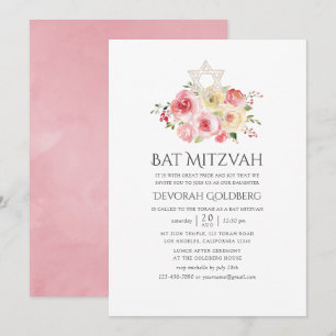 Convites Bat Mitzvah Rosa Bege e Amarelo Floral