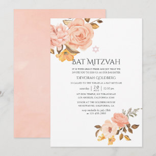 Convites Bat Mitzvah Rosa Bege e Floral Dourado