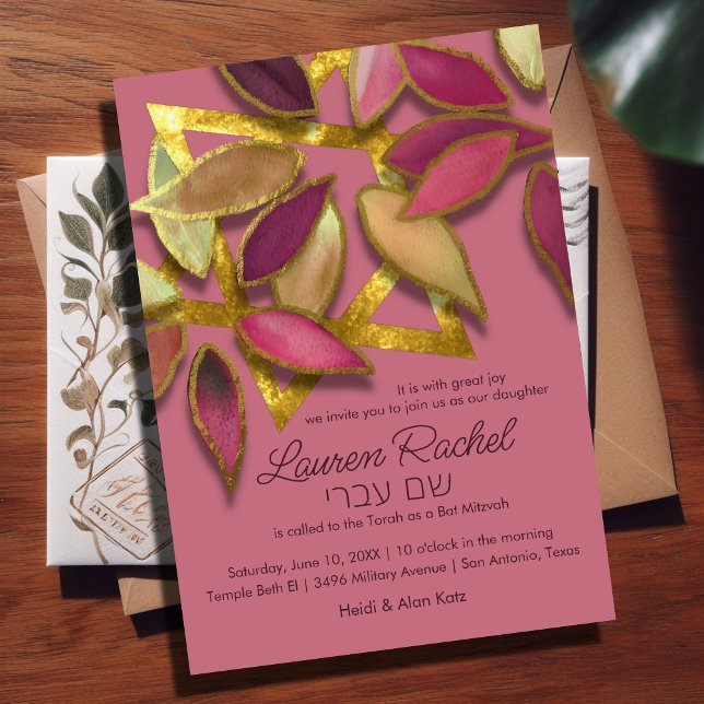 Convites Bat Mitzvah Rosa Burgundy Watercolor Petals Star (Criador carregado)