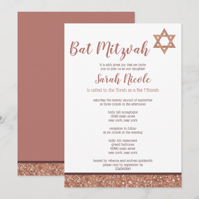 Convites Bat Mitzvah Rosa Chic Elegant Faux Glitter (Frente/Verso)