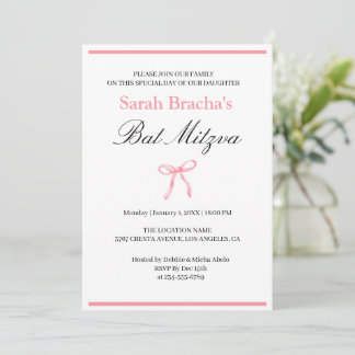 Convites Bat Mitzvah Rosa Coquete Laço Aquarela