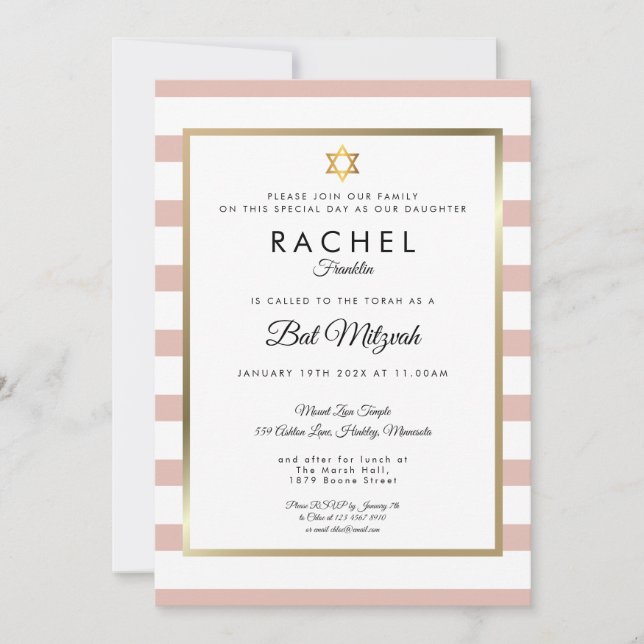 Convites Bat Mitzvah Rosa Dourado E White Stripe (Frente)
