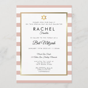 Convites Bat Mitzvah Rosa Dourado E White Stripe