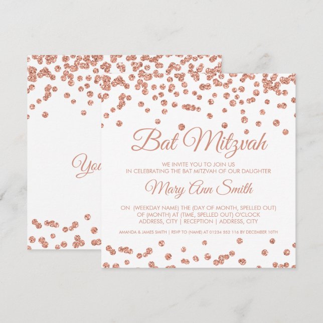 Convites Bat Mitzvah Rosa Dourado Faux Glitter Confetti Bra (Frente/Verso)
