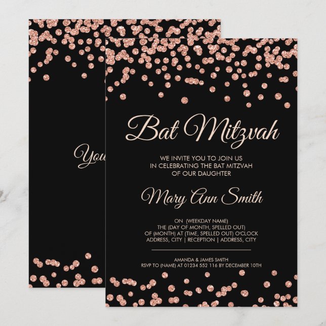 Convites Bat Mitzvah Rosa Dourado Faux Glitter Confetti Pre (Frente/Verso)