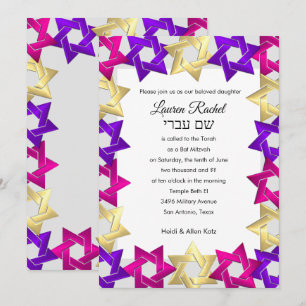 Convites Bat Mitzvah Rosa Dourado Roxo Estrela em Qualquer 