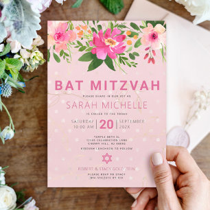 Convites Bat Mitzvah Rosa Floral Moderna Simples em Aquarel