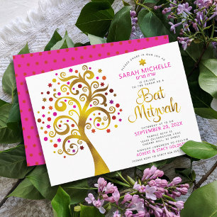 Convites Bat Mitzvah Rosa Folha de Ouro Script Árvore da Vi