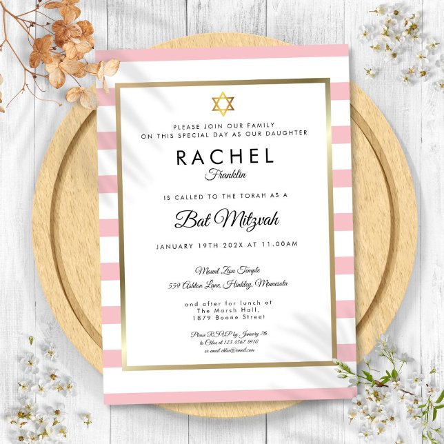 Convites Bat Mitzvah Rosa Listra Branca Estrela de Davi Dou (Bat Mitzvah Pink White Stripe Gold Star of David Invitation)